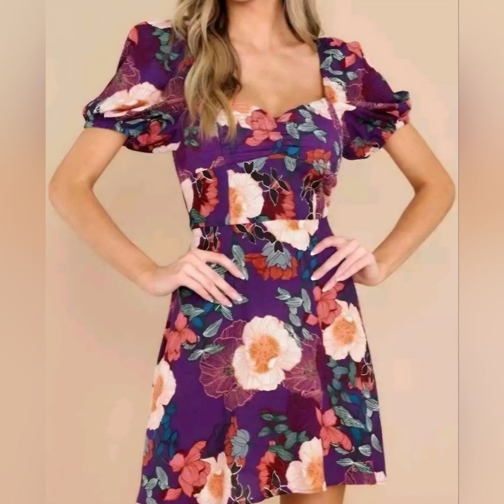 Band Of The Free Size X-Small Boho Purple Floral Puff Sleeve Mini Dress NWT